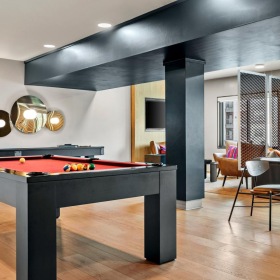 a room with tables and chairs